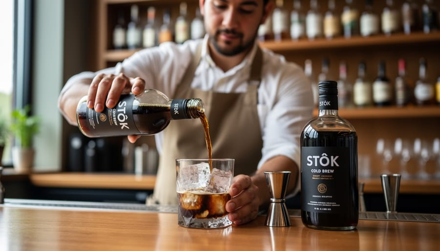 Bartender pouring STōK cold brew into a cocktail shaker on a bar counter