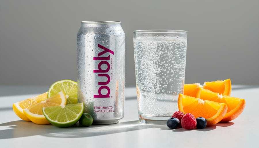 Chilled sparkling water can and glass over ice with condensation and fresh fruit nearby