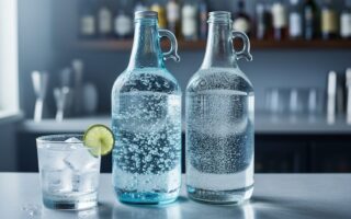 Two clear glasses and bottles of carbonated club soda and sparkling water with visible bubbles, ice, and a lime wedge on a bar counter.