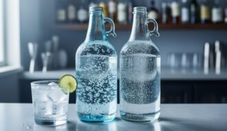Two clear glasses and bottles of carbonated club soda and sparkling water with visible bubbles, ice, and a lime wedge on a bar counter.