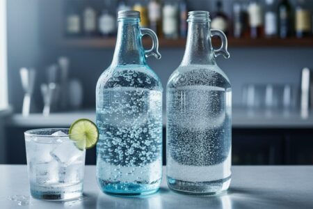 Two clear glasses and bottles of carbonated club soda and sparkling water with visible bubbles, ice, and a lime wedge on a bar counter.