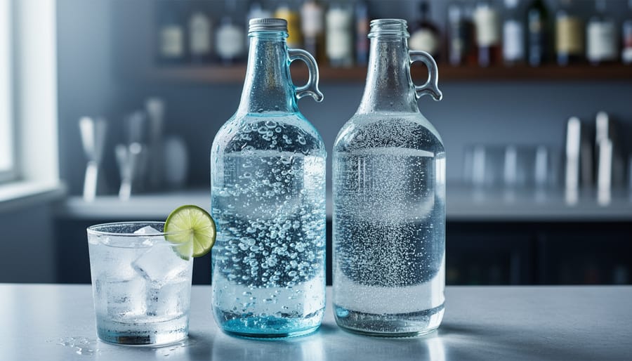 Two clear glasses and bottles of carbonated club soda and sparkling water with visible bubbles, ice, and a lime wedge on a bar counter.