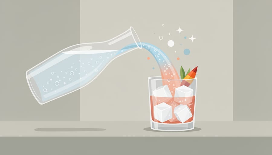 Hands topping a highball cocktail with homemade sparkling water with visible bubbles and ice