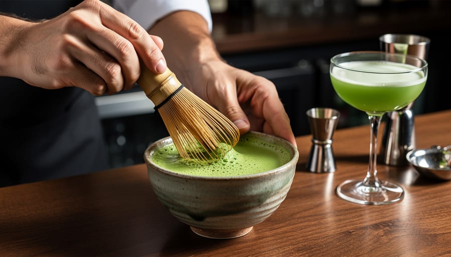 Hands whisking matcha in a ceramic bowl with a bamboo whisk