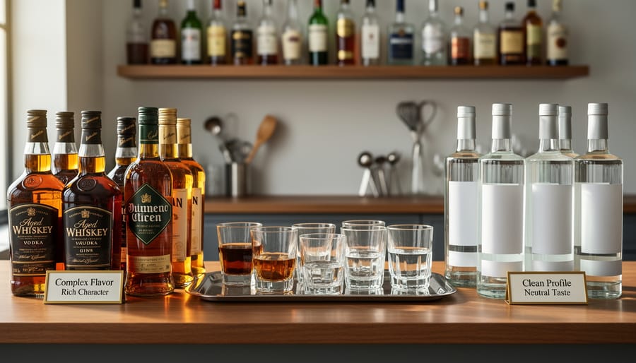 Home bar counter with two carbonated water bottles and two tall cocktails beside an ice bucket, showing a welcoming setup for choosing ingredients.