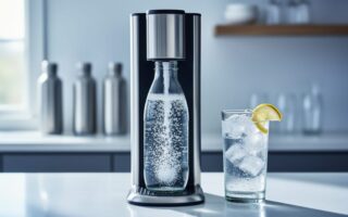 Close-up of a countertop soda maker carbonating chilled water into a glass bottle, with visible bubbles and a highball glass nearby on a modern kitchen bar.