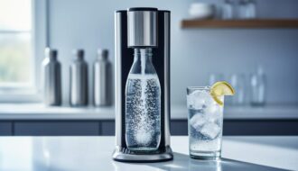 Close-up of a countertop soda maker carbonating chilled water into a glass bottle, with visible bubbles and a highball glass nearby on a modern kitchen bar.