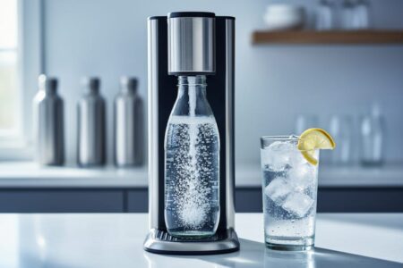 Close-up of a countertop soda maker carbonating chilled water into a glass bottle, with visible bubbles and a highball glass nearby on a modern kitchen bar.