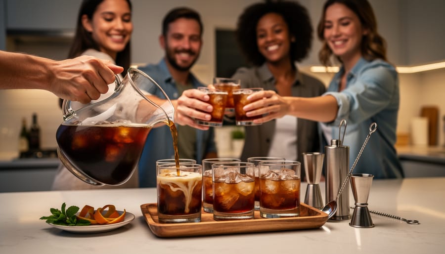 Home gathering with multiple coffee cocktails on a table, bartender serving drinks