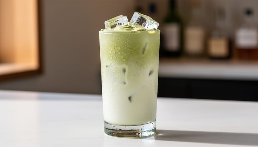 Iced matcha latte cocktail in a tall glass with creamy green layers and fresh ice