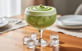 “A creamy emerald-green iced matcha latte cocktail in a chilled glass with ice cubes on a brunch table.”
