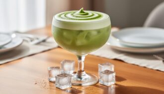 “A creamy emerald-green iced matcha latte cocktail in a chilled glass with ice cubes on a brunch table.”