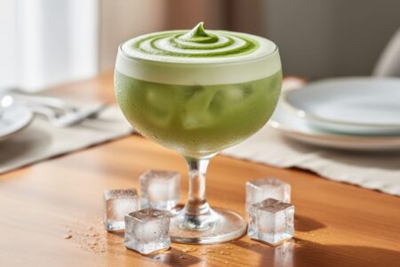 “A creamy emerald-green iced matcha latte cocktail in a chilled glass with ice cubes on a brunch table.”