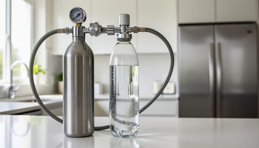 Kitchen countertop setup showing a CO2 tank and regulator connected to a carbonator cap on a clear plastic bottle