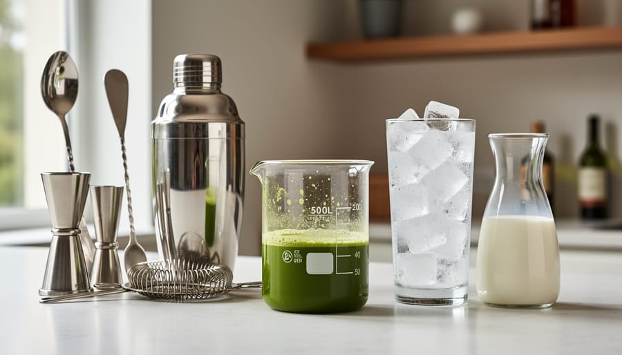 Matcha concentrate and cocktail bar tools arranged on a wooden countertop