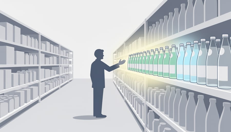 Shopping cart in a grocery aisle with sparkling water cans on store shelves