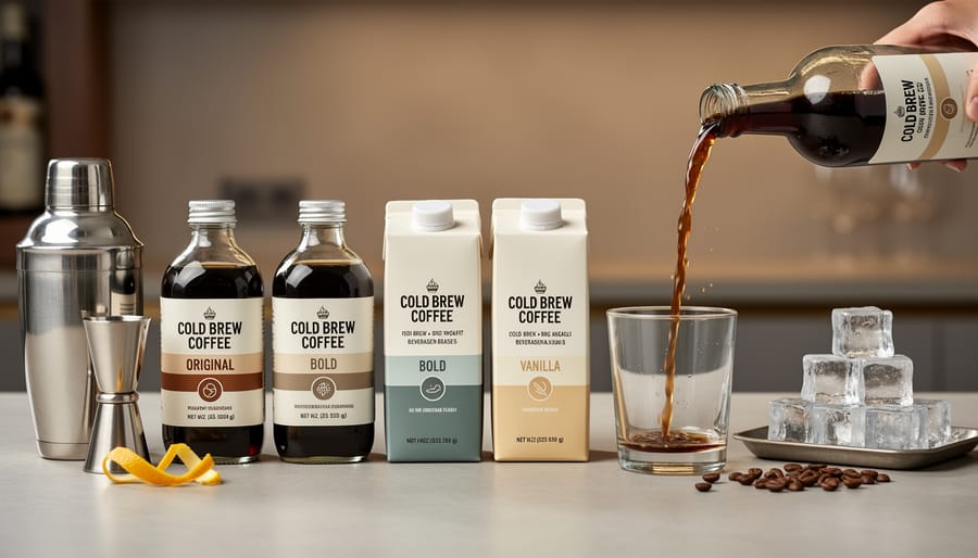 STōK cold brew bottles and a carafe of coffee cocktail base arranged on a wooden bar