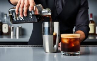 Bartender pouring STōK Cold Brew into a cocktail shaker beside a coffee cocktail on a bar counter.