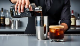 Bartender pouring STōK Cold Brew into a cocktail shaker beside a coffee cocktail on a bar counter.