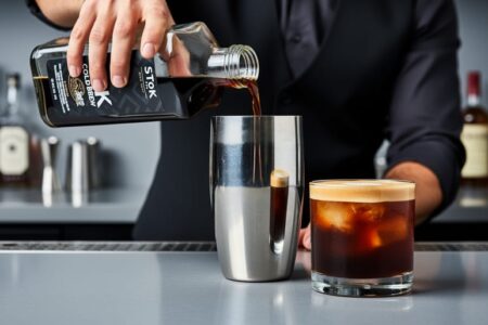 Bartender pouring STōK Cold Brew into a cocktail shaker beside a coffee cocktail on a bar counter.