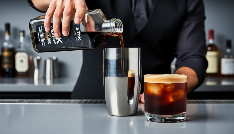 Bartender pouring STōK Cold Brew into a cocktail shaker beside a coffee cocktail on a bar counter.