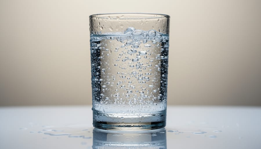 Tall glass of sparkling water with bubbles rising and condensation on the outside