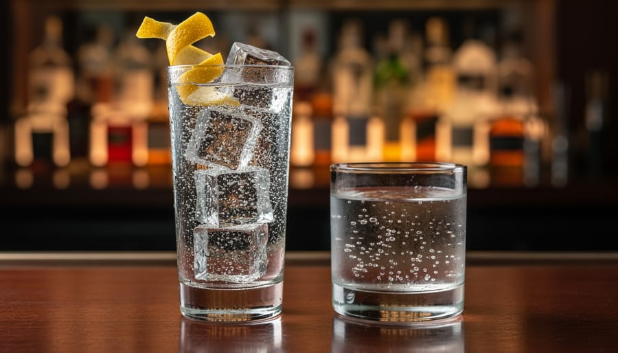 Two highball glasses of carbonated water with ice on a wooden bar, showing visible bubbles and condensation.