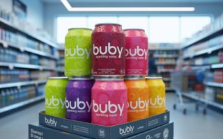 Colorful Bubly sparkling water cans with condensation displayed in a Canadian supermarket aisle.