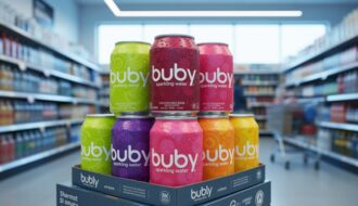 Colorful Bubly sparkling water cans with condensation displayed in a Canadian supermarket aisle.