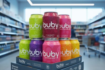 Colorful Bubly sparkling water cans with condensation displayed in a Canadian supermarket aisle.