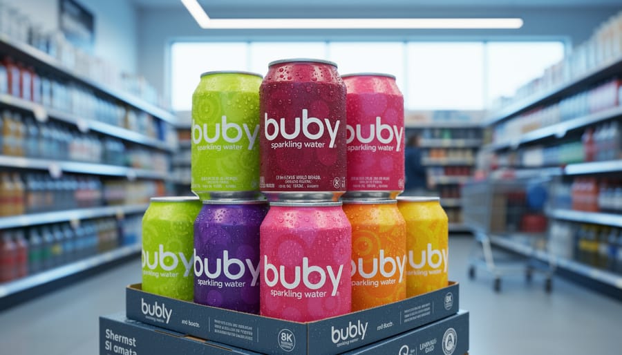 Colorful Bubly sparkling water cans with condensation displayed in a Canadian supermarket aisle.
