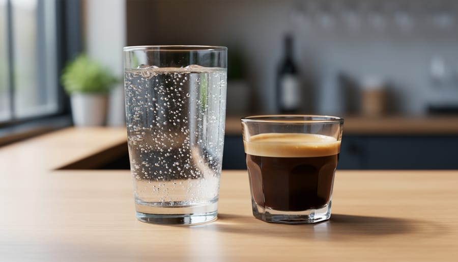 Espresso cup and tonic glass with lemon wedge on a café counter in a collaborative café setting.