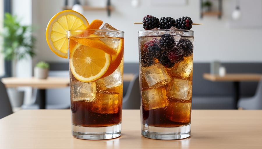 Citrus and blackberry espresso tonic drinks in tall highball glasses on a café counter with visible ice and garnish.