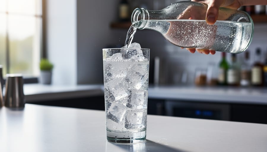 Bartender hands pouring sparkling coconut water into a mixing glass over ice with visible bubbles.