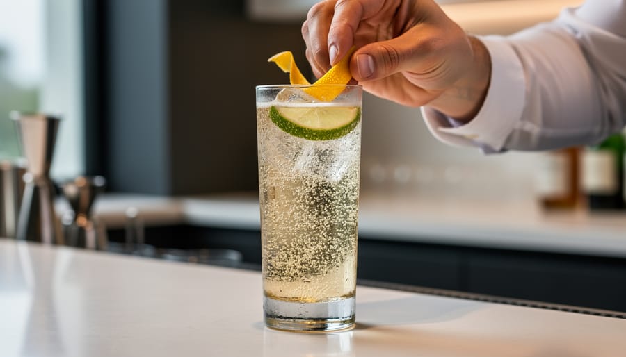 Home bartender garnishing a lemon twist cocktail with bubly POP on the counter
