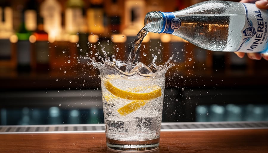 Bartender hands pouring Mexican sparkling water into a rocks glass with ice and visible bubbles