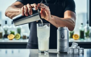 Bartender shaking a cocktail tin above a chilled highball glass with caffeinated sparkling water on the bar.