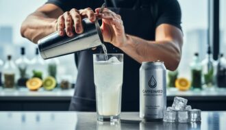 Bartender shaking a cocktail tin above a chilled highball glass with caffeinated sparkling water on the bar.
