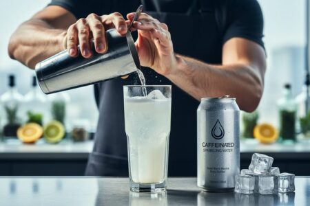 Bartender shaking a cocktail tin above a chilled highball glass with caffeinated sparkling water on the bar.