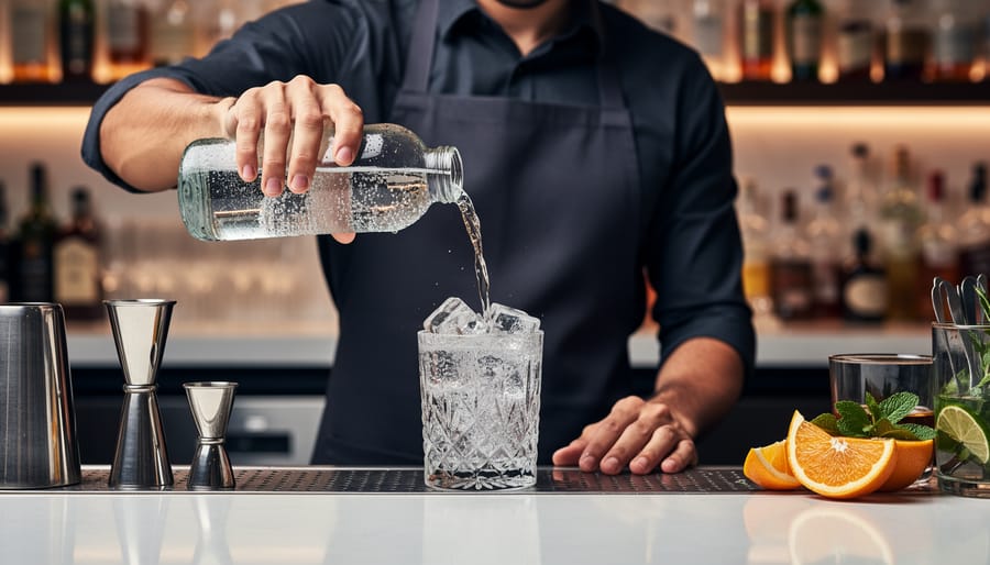 Bartender’s hands shaking a cocktail tin with a highball glass and chilled sparkling water bottle nearby.