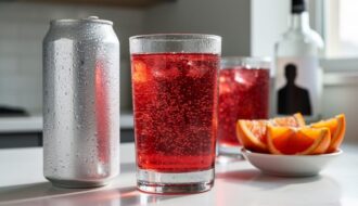 Close-up of a highball glass filled with ruby blood orange sparkling water with bubbles rising, accompanied by a chilled can and blood orange slices on a modern countertop.
