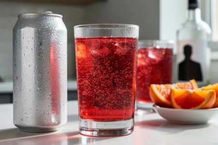 Close-up of a highball glass filled with ruby blood orange sparkling water with bubbles rising, accompanied by a chilled can and blood orange slices on a modern countertop.