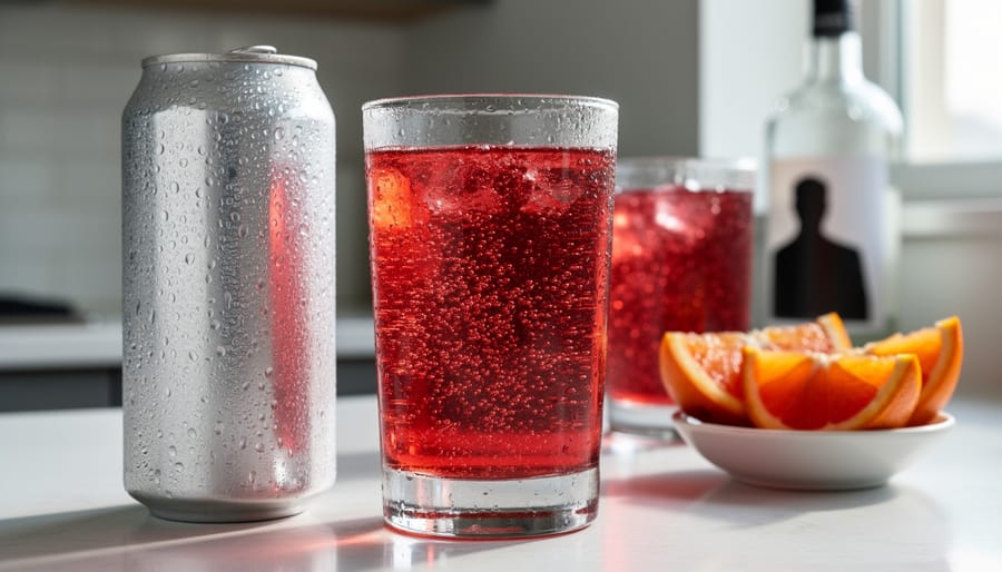 Close-up of a highball glass filled with ruby blood orange sparkling water with bubbles rising, accompanied by a chilled can and blood orange slices on a modern countertop.