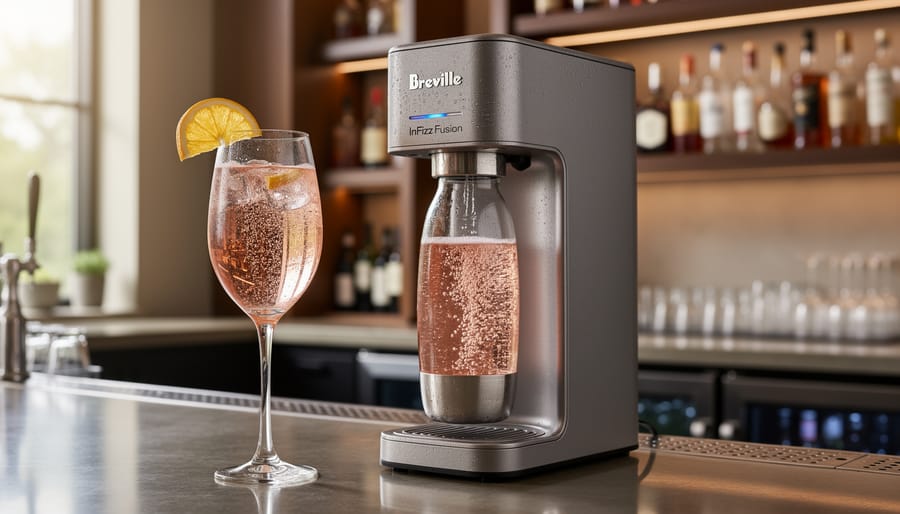 Breville InFizz Fusion sparkling water maker with a carbonated rosé spritz in a wine glass