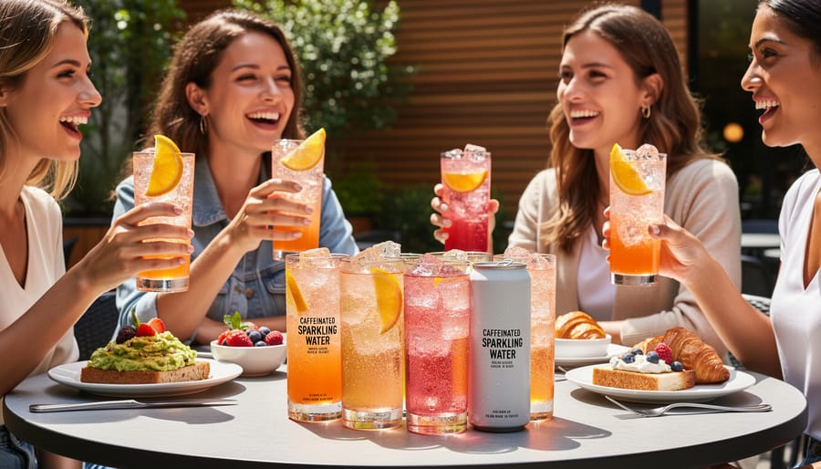 Brunch table with highball cocktails topped with sparkling water, garnished with mint and citrus, while people chat in the background.