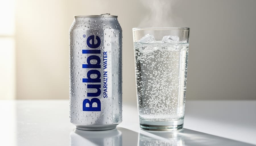 Close-up of a sparkling water can beside a clear glass with bubbles rising.