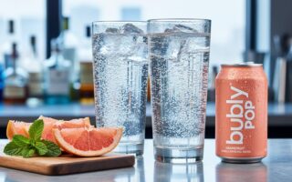 Close-up of grapefruit-flavored bubble sparkling water in a tall glass with visible carbonation, grapefruit slices, mint leaves, and a chilled mini can on a bar counter.