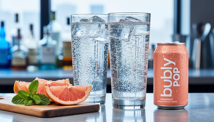 Close-up of grapefruit-flavored bubble sparkling water in a tall glass with visible carbonation, grapefruit slices, mint leaves, and a chilled mini can on a bar counter.