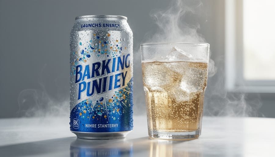 Chilled bubly POP cans with condensation next to an ice-filled glass for mixing