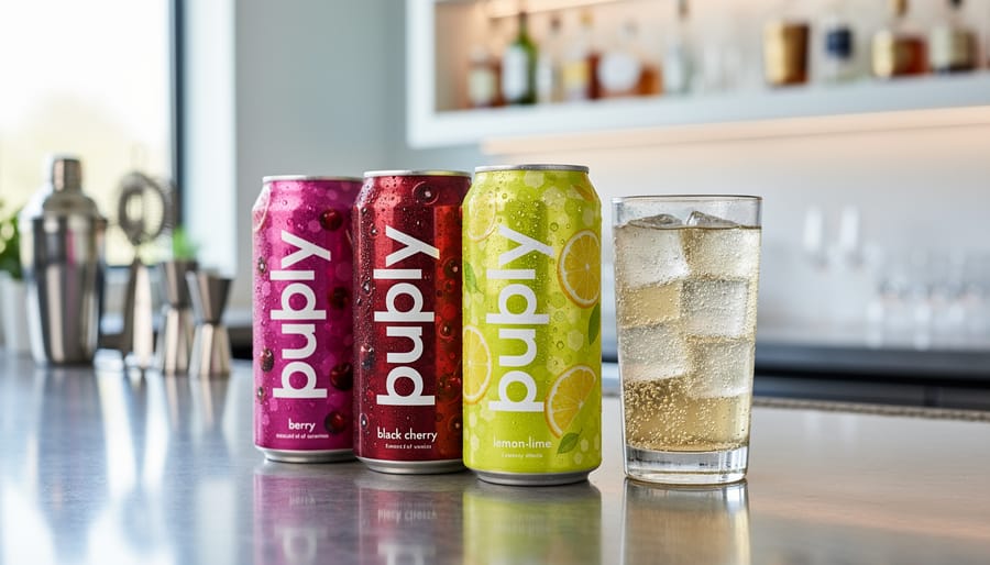 Chilled bubly POP cans and a clear highball glass with sparkling bubbles on a modern bar counter.